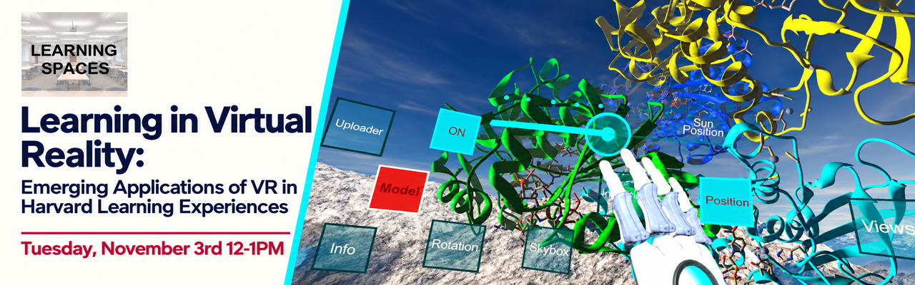 A colorful VR illustration banner with details about the upcoming Learning Spaces affinity group event.