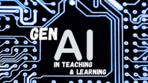 A computer chip black and blue illustration with the HILT GenAI in Teaching and Learning affinity group logo