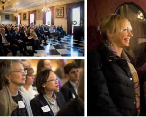 A collage of Harvard alumni gathering for a symposia