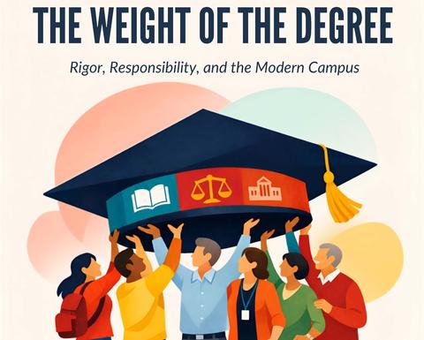 A decorative illustration of the 2026 HILT Conference, "The Weight of the Degree: Rigor, Responsibility, and the Modern Campus” poster.