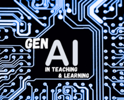 A computer chip black and blue illustration with the HILT GenAI in Teaching and Learning affinity group logo