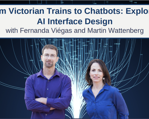 Professors Martin Wattenberg and Fernanda Viegas in front of blue technology stems